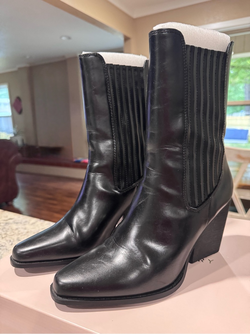 Chinese Laundry Black Leather Mid-Calf Block Heel Boots